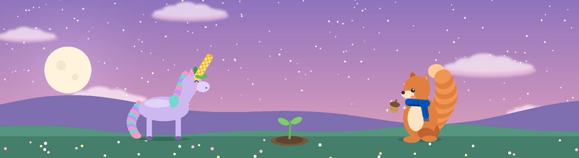 Corn, a lavender pony with a corn cob horn, and Acorn, an orange squirrel in a blue scarf, face each other across a small sprout in a dusk meadow.