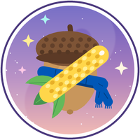 The Corn & Acorn emblem: an acorn in a blue scarf, crossed by a corn cob