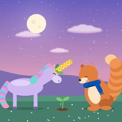 Corn and Acorn bowing to each other over a new sprout, under the moon.